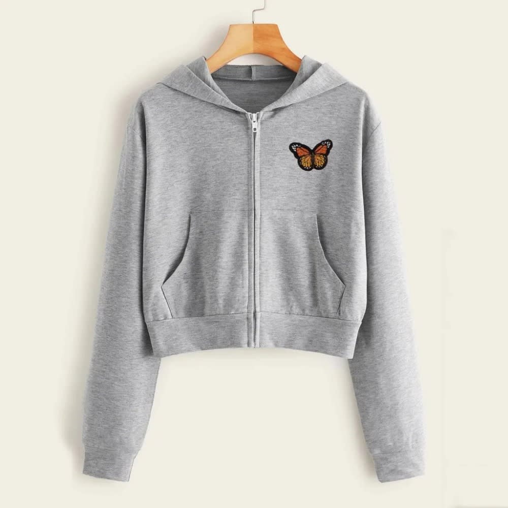 Women's Solid Color Zip Up Hoodie with Butterfly Embroidery